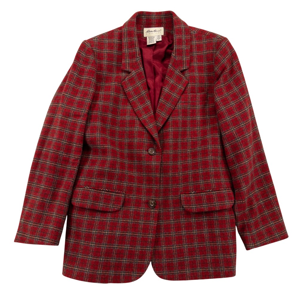 Vtg Eddie Bauer Womens Blazer Medium TALL Red Plaid Wool Heritage Prep Academia